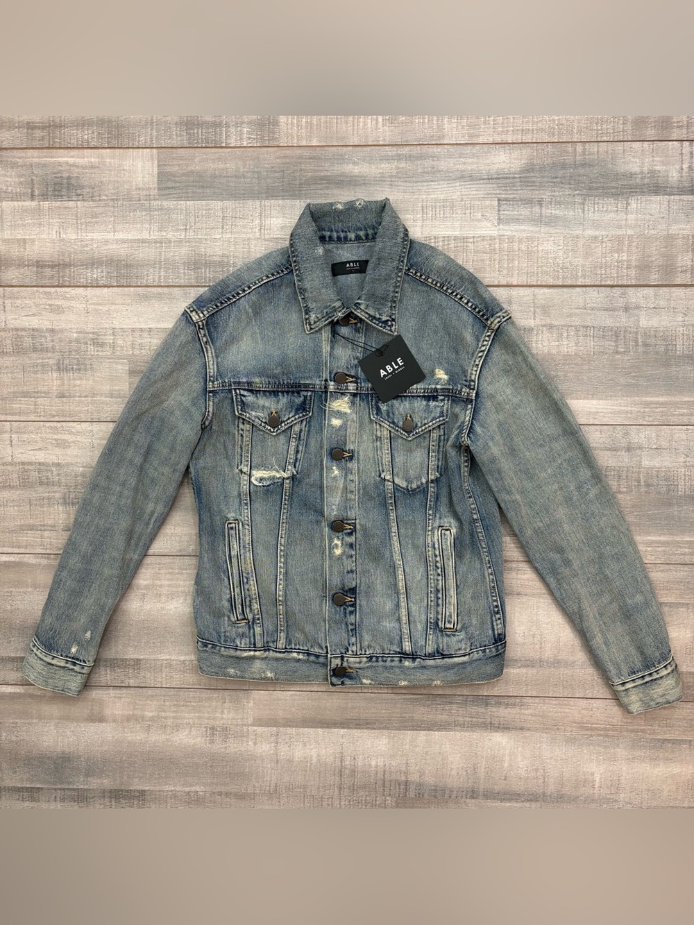 ABLE Merly Denim Jacket NWT Womens Medium Distressed Original Wash Streetwear